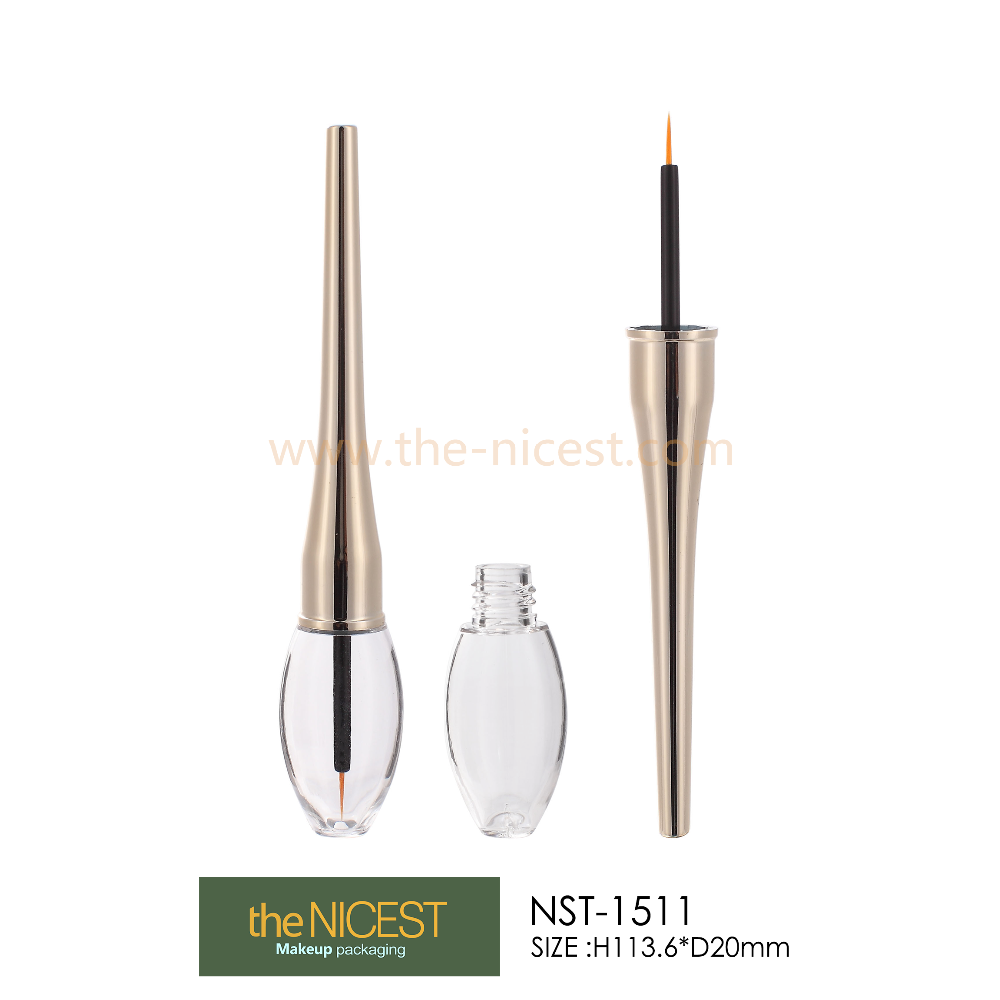 Small volume eyeliner cosmetic pack with metalizing cap and transparent bottle